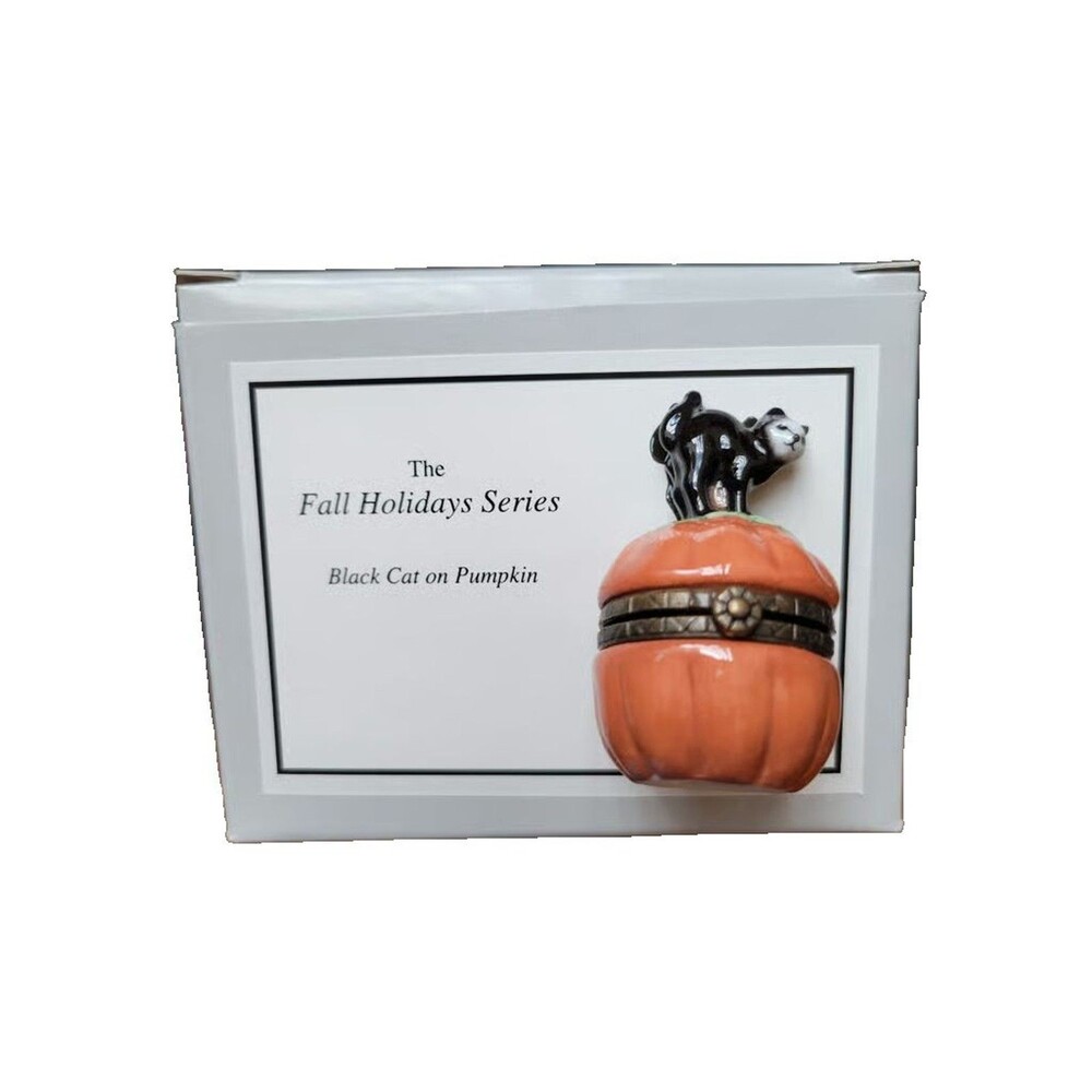 PHB Collection Black Cat on Pumpkin porcelain hinged Trinket box MIB.